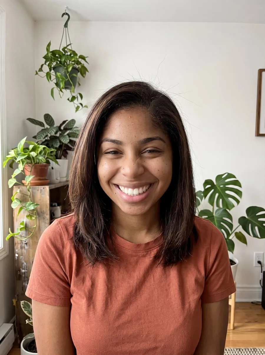 Après silk press : la même cliente aux cheveux lisses et brillants, Boucles Addict Studio Montréal